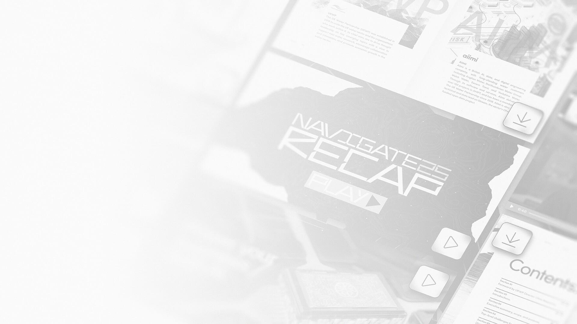 Blurred digital interface with text and icons, including play and download buttons, on a grayscale background.