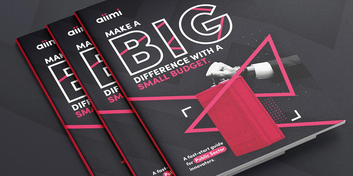 Three brochures titled "Make a Big Difference with a Small Budget," featuring a hand holding a red briefcase on a geometric background.