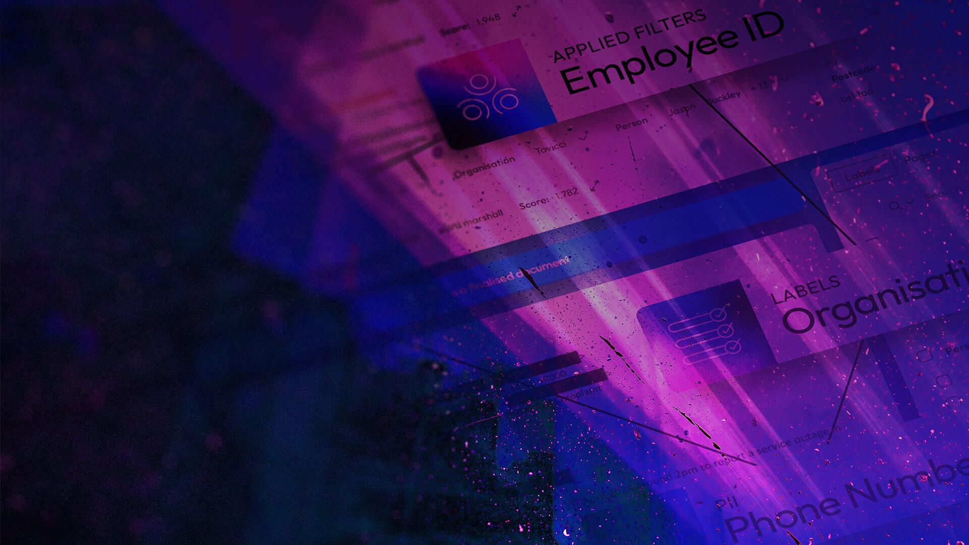 Abstract image with overlapping digital elements, including text about "Employee ID" and "Phone Number," in a purple and blue color scheme.