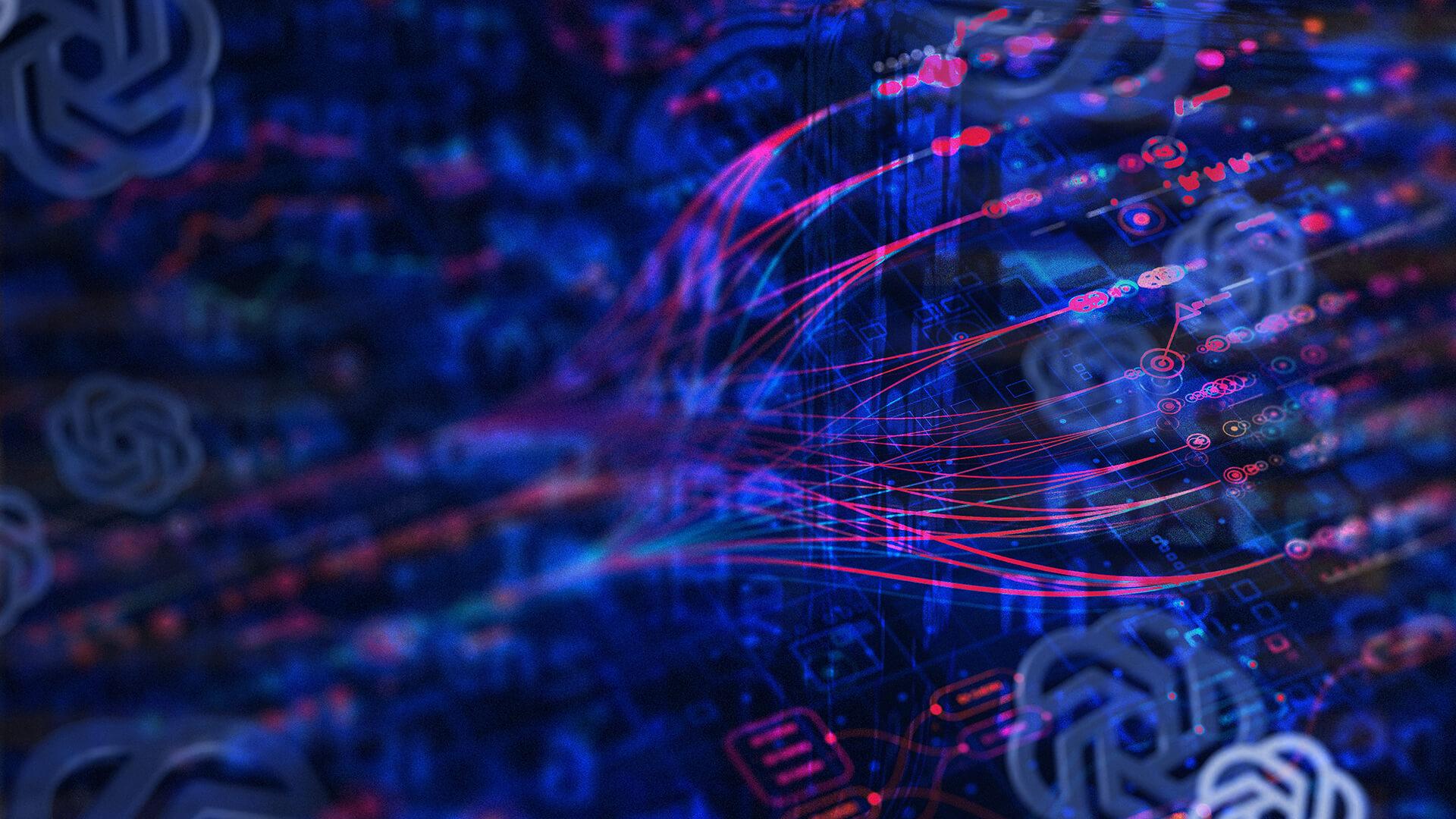 Abstract digital artwork with blue and pink lines and patterns, resembling a network or data flow on a dark background.