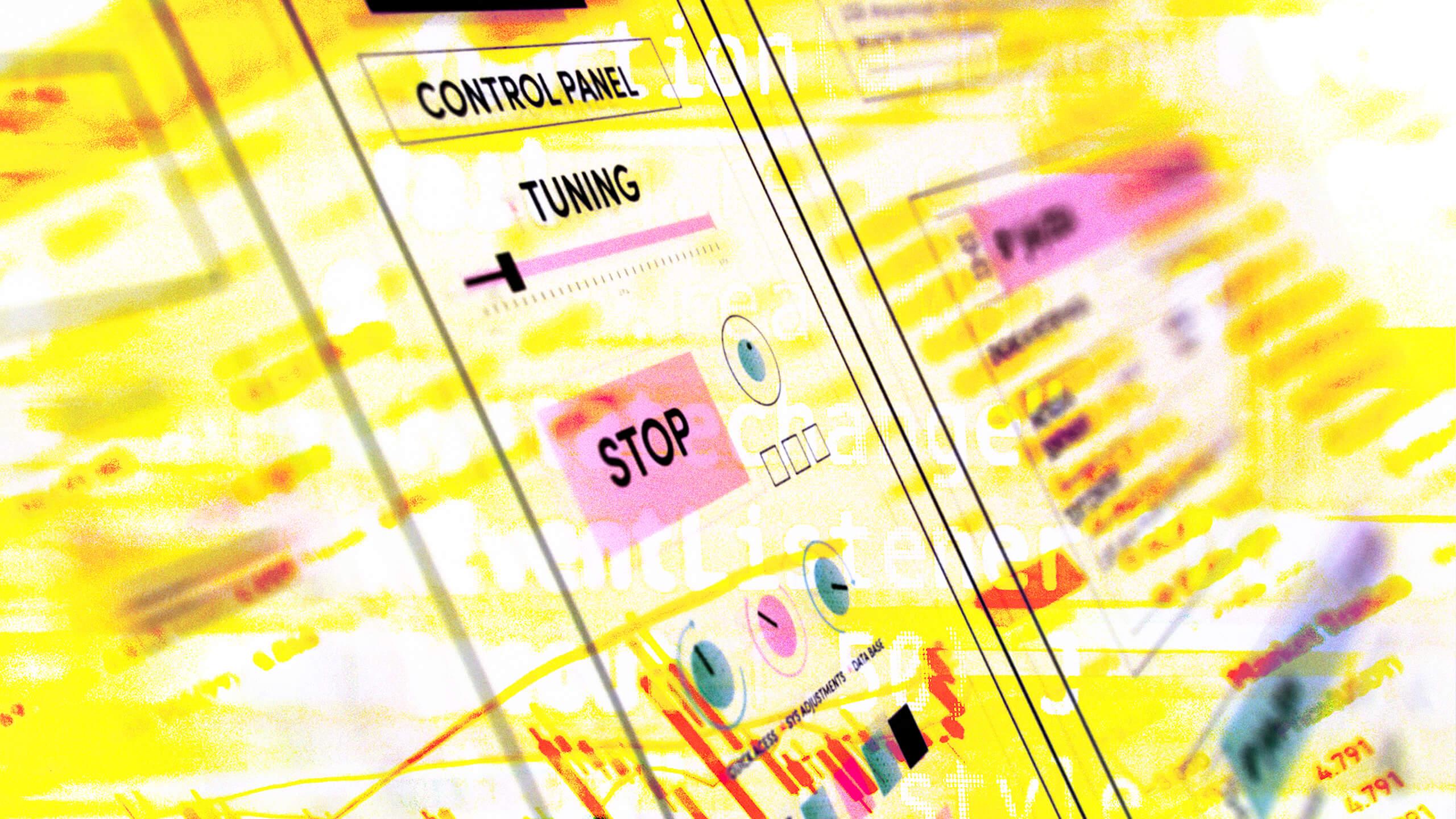 Close-up of a digital control panel with tuning options, a prominent stop button, and various colorful buttons on a bright, abstract background.