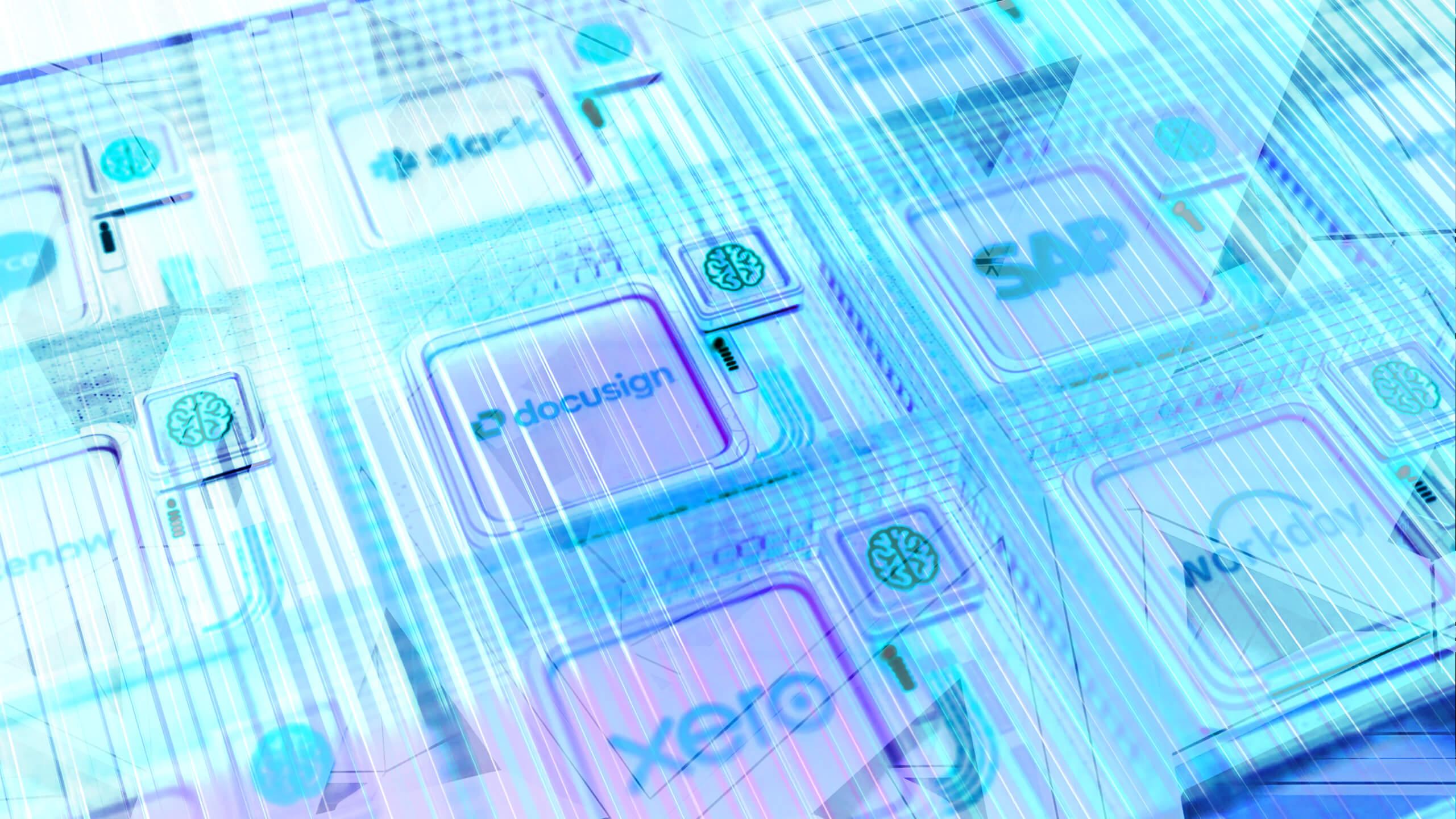 Digital illustration of various technology company logos, including Slack, DocuSign, SAP, and Xero, on a futuristic, grid-like background.